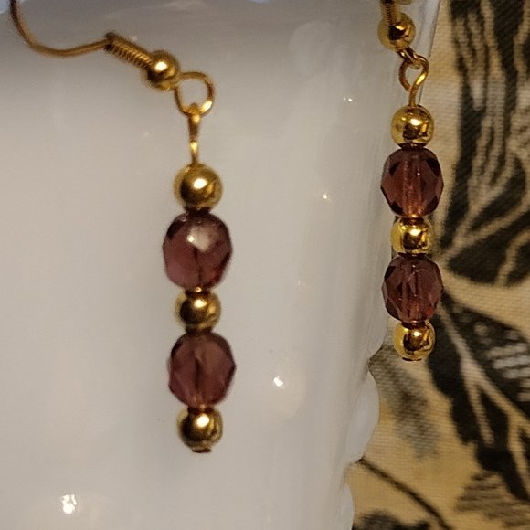 🖐 Purple Glass with Round Golden Bead Wire Earrings - Picture 1 of 2